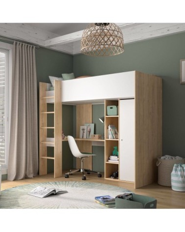 Lit mezzanine effet bois et blanc 90x200 cm