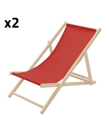 Lot de 2 chaises longues pliantes bois et tissu rouge 3 positions