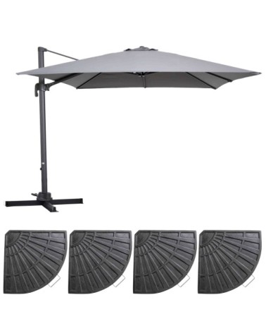 Parasol déporté inclinable et rotatif 3x3m et 4 dalles lestées gris