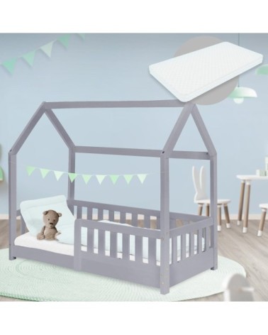 Lit cabane enfant 70x140 cm matelas et barrière inclus bois gris clair