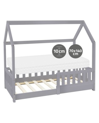 Lit cabane enfant 70x140 cm matelas et barrière inclus bois gris clair