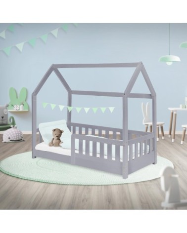 Lit cabane enfant 70x140 cm sommier et barrière inclus bois gris clair