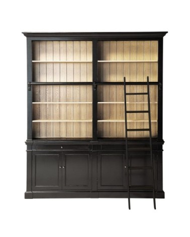 Bibliothèque 2 portes 2 tiroirs en bois d'acacia noir