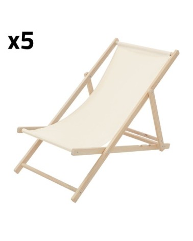 Lot de 5 chaises longues pliantes bois et tissu beige 3 positions