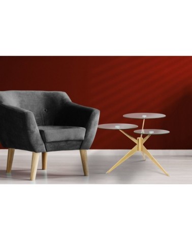 Table basse composé 3 plateaux verre structure métal doré