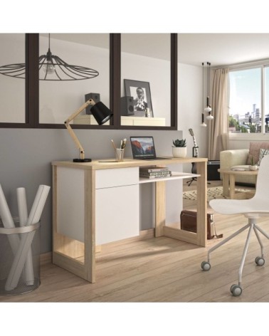 Bureau avec 1 porte effet bois clair et blanc