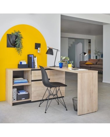 Bureau avec rangement et plateau pivotant effet bois clair et noir