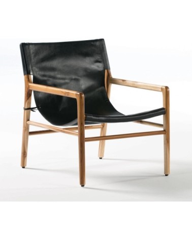 Fauteuil en cuir noir et bois