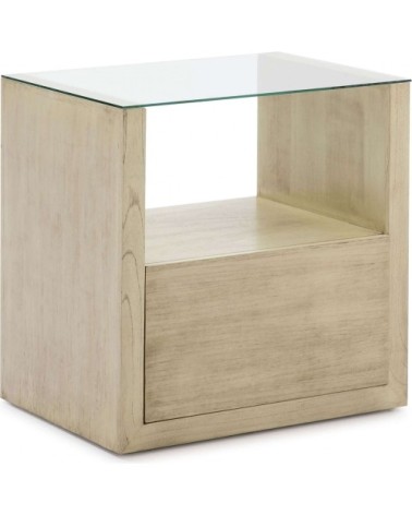 Table de chevet en bois naturel clair plateau en verre