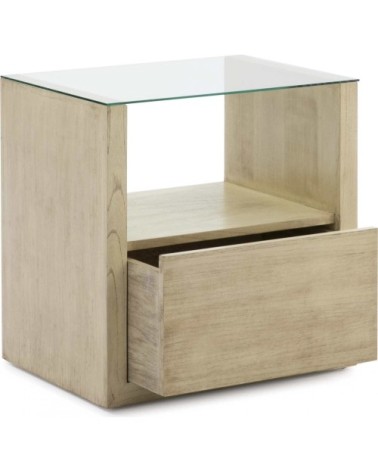 Table de chevet en bois naturel clair plateau en verre