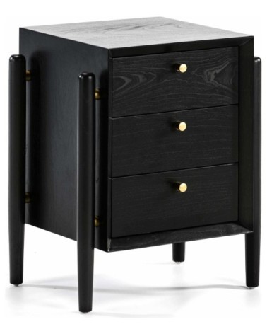 Table de chevet 3 tiroirs en bois teinté noir et doré