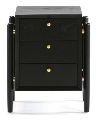 Table de chevet 3 tiroirs en bois teinté noir et doré