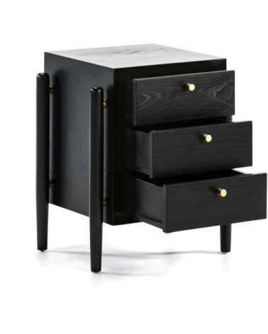 Table de chevet 3 tiroirs en bois teinté noir et doré