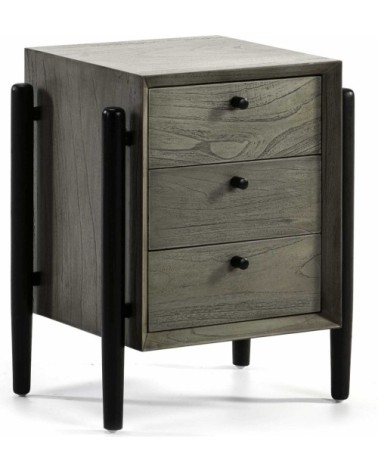 Table de chevet 3 tiroirs en bois teinté gris et doré