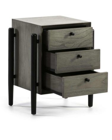 Table de chevet 3 tiroirs en bois teinté gris et doré