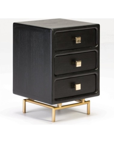 Table de chevet 3 tiroirs en bois teinté noir et doré