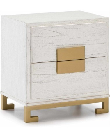 Table de chevet 2 tiroirs en bois couleur blanc et doré
