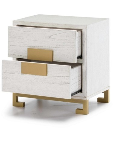 Table de chevet 2 tiroirs en bois couleur blanc et doré