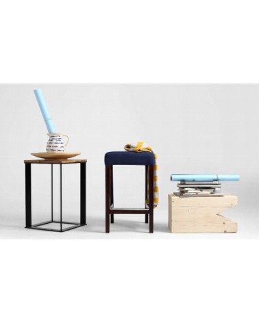 Tabouret tissu rembourrée bleu pieds bois massif clair