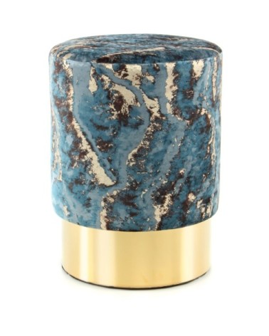 Tabouret en tissu motif marbre bleu foncé et acier doré