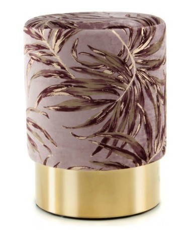 Tabouret en tissu motif feuille violet et acier doré