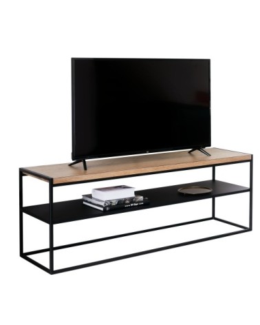 Meuble tv effet en métal noir et plateau effet bois