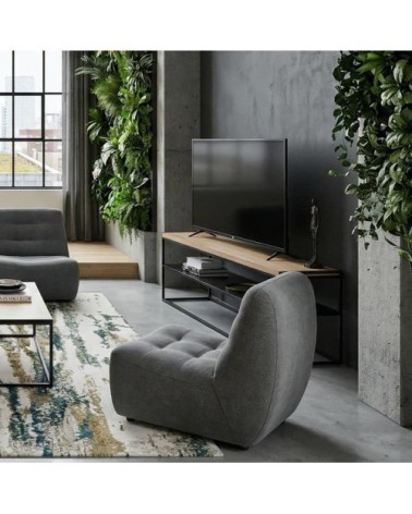 Meuble tv effet en métal noir et plateau effet bois