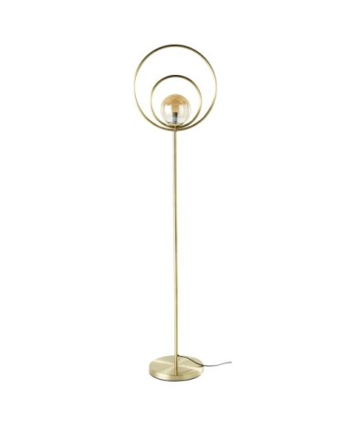 Lampadaire globe en verre teinté ambré et métal doré H162