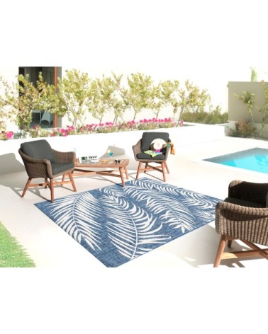 Tapis intérieur extérieur bleu au motif palmier 200x200