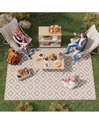 Tapis extérieur style graphique réversible 2 motifs blanc beige