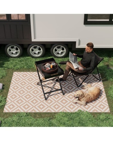Tapis extérieur style graphique réversible 2 motifs blanc beige