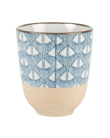 Tasse en faïence beige motifs éventails bleus