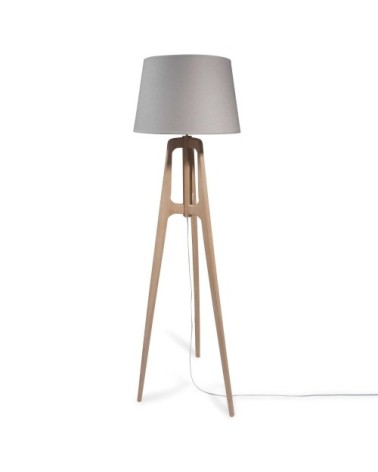 Lampadaire trépied en chêne et abat-jour gris H150