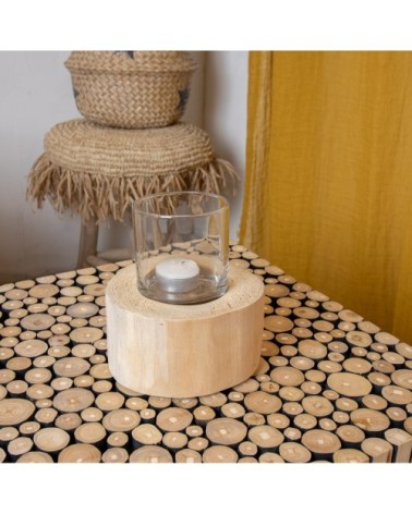 Photophore en verre avec base en teck D13
