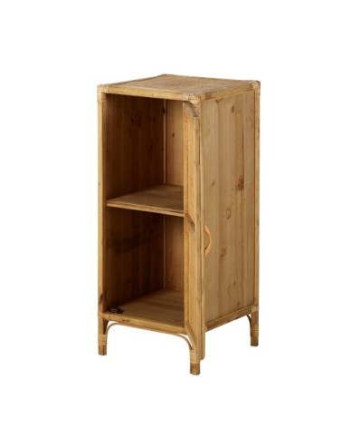 Petit meuble de rangement 1 porte en sapin cannage en rotin