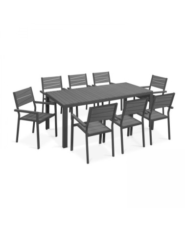 Table et chaises de jardin aluminium et polywood 8 places gris foncé