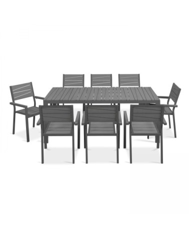 Table et chaises de jardin aluminium et polywood 8 places gris foncé