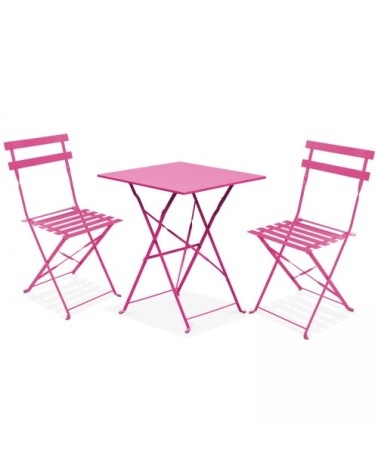 Table de jardin et 2 chaises acier rose