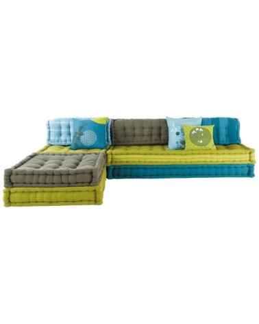 Banquette d'angle modulable 6 places en coton bleue et verte