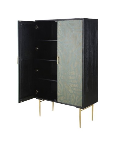 Armoire 2 portes en bois de manguier massif noir sculpté motifs feuilles