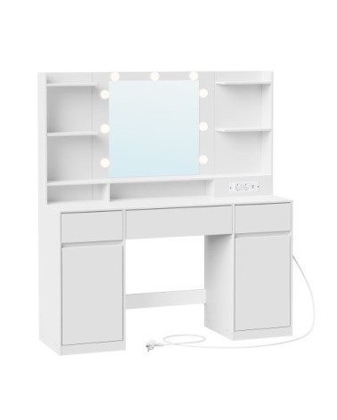 Coiffeuse avec miroir multiprise 2 placards 9 ampoules blanc
