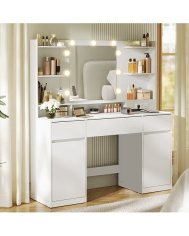 Coiffeuse avec miroir multiprise 2 placards 9 ampoules blanc