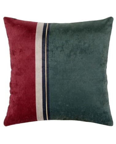 Housse de coussin multibandes vertes, rouges, gris clair et dorées, 40x40
