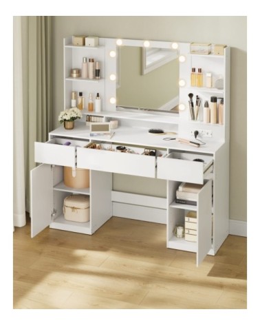Coiffeuse avec miroir multiprise 2 placards 9 ampoules blanc