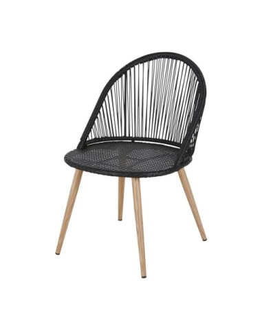 Chaise de jardin en résine tressée noire et métal imitation bois