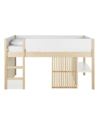 Lit cabane surelevé enfant 90x190 blanc et beige