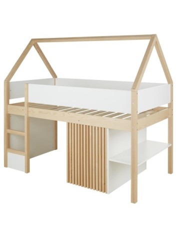 Lit cabane surelevé enfant 90x190 blanc et beige