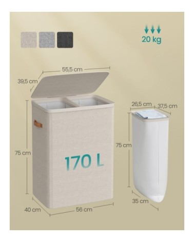 Panier à linge 170 l 2 compartiments 56 x 40 x 75 cm beige cappuccino