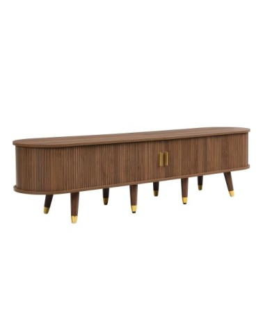 Meuble TV en bois avec rangements ouverts et tiroirs