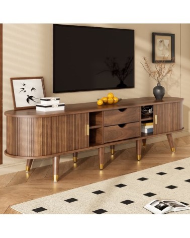 Meuble TV en bois avec rangements ouverts et tiroirs